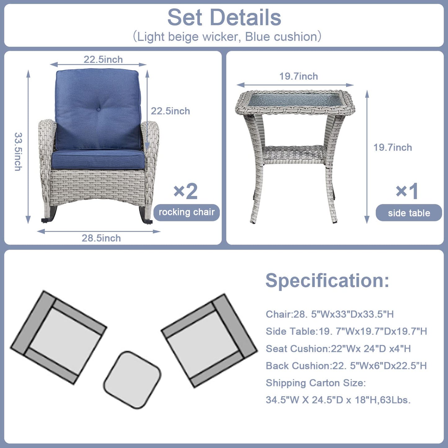 Wicker Rocking Chairs Set with Side Table, NDS Series