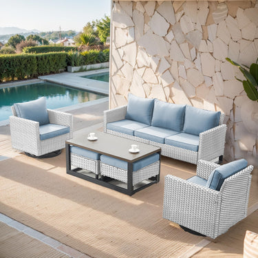 Patio Conversation Set 6-Piece with Sofa, Swivel Glider Chairs, Coffee Table, and Ottoman, GRS Series - Belord