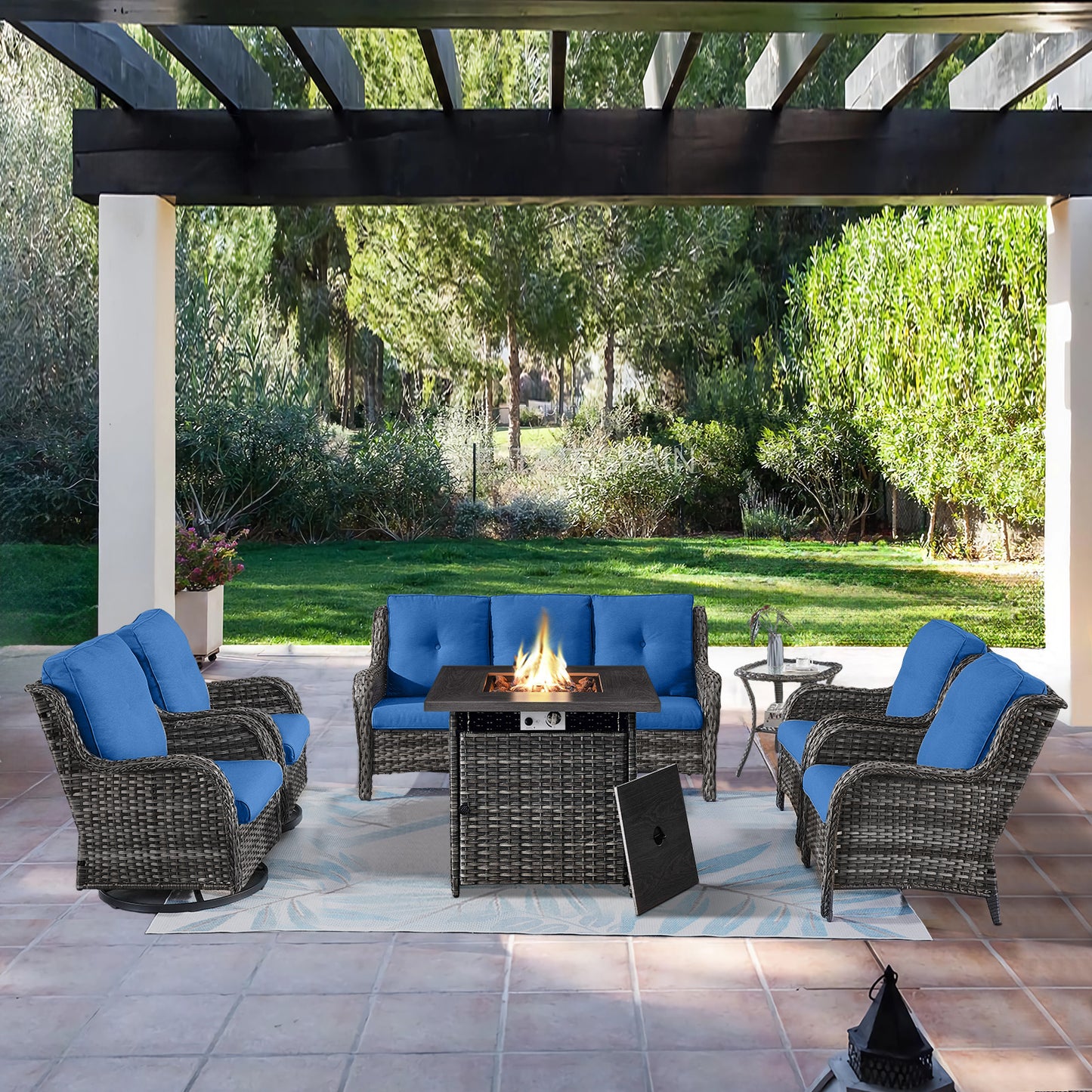 Patio Conversation Set 7-Piece with Fire Pit Table, Swivel Glider Chairs, Patio Chairs, Sofa and Side Table, NTC Series