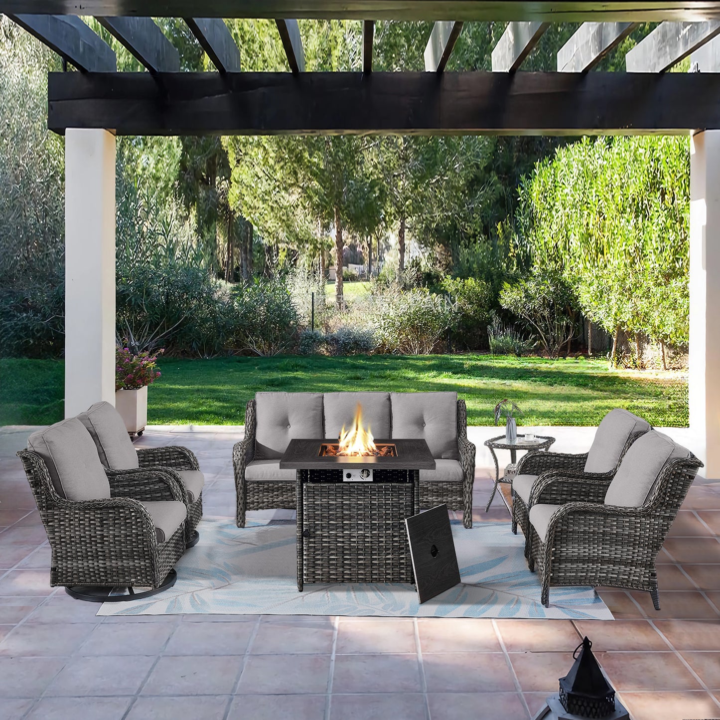 Patio Conversation Set 7-Piece with Fire Pit Table, Swivel Glider Chairs, Patio Chairs, Sofa and Side Table, NTC Series