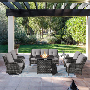 Patio Conversation Set 7-Piece with Fire Pit Table, Swivel Glider Chairs, Patio Chairs, Sofa and Side Table, NTC Series - Belord