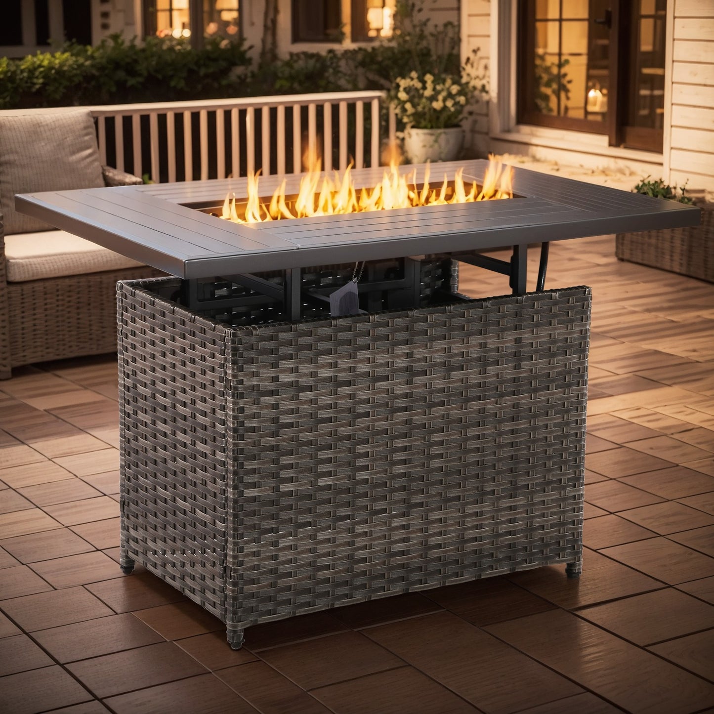 43" Rectangular Wicker Fire Pit Table with Lift-Up Adjustable Tabletop
