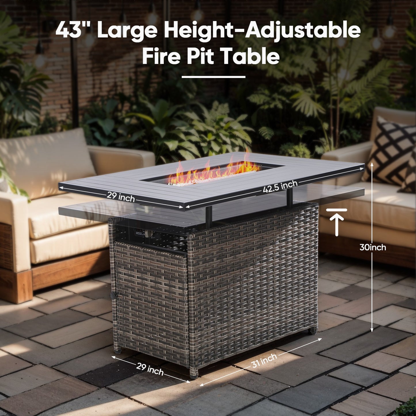 43" Rectangular Wicker Fire Pit Table with Lift-Up Adjustable Tabletop