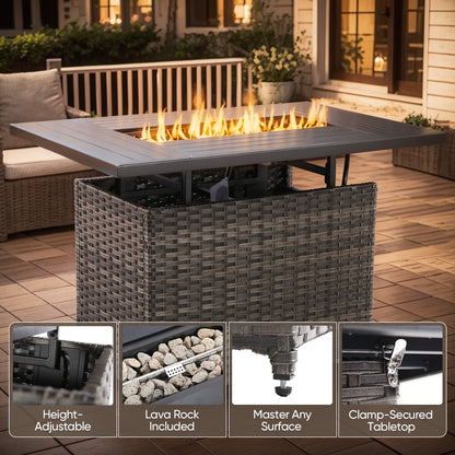43" Rectangular Wicker Fire Pit Table with Lift-Up Adjustable Tabletop