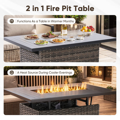43" Rectangular Wicker Fire Pit Table with Lift-Up Adjustable Tabletop