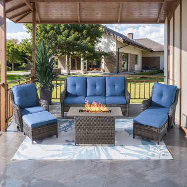 Belord 6-piece wicker patio conversation set with blue cushions, fire pit table, and swivel chairs in mixed gray wicker.