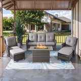 Belord 6-piece wicker patio conversation set with gray cushions, fire pit table, and swivel chairs in mixed gray wicker.