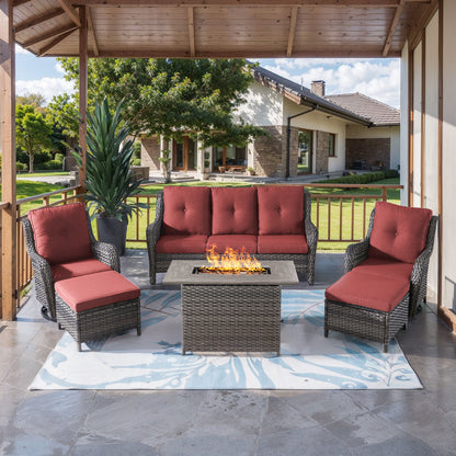6-Piece Outdoor Rectangular Fire Pit Table Set with 33-Seat Sofa, Swivel Chairs & Footrests, NTC Series