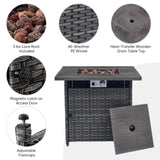 Belord 6-inch cushion patio fire pit set with high back swivel chairs and rectangular fire table with wind guard in mixed grey.