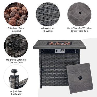 Belord 6-inch cushion patio fire pit set with high back swivel chairs and rectangular fire table with wind guard in mixed grey.