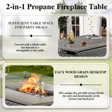 Belord 6-inch cushion patio fire pit set with high-back swivel chairs and rectangular fire table with wind guard in mixed grey wicker