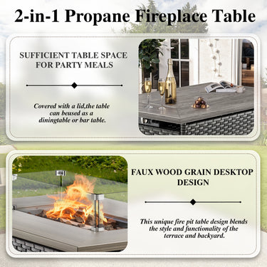 Belord 6-inch cushion patio fire pit set with high-back swivel chairs and rectangular fire table with wind guard in mixed grey wicker