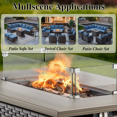 Belord 6-inch cushion patio fire pit set with high-back swivel chairs and rectangular fire table with wind guard in mixed grey wicker.