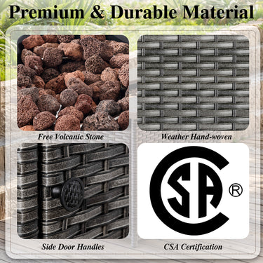 Belord 6-inch cushion patio fire pit set with high-back swivel chairs and rectangular fire table with wind guard in mixed grey wicker