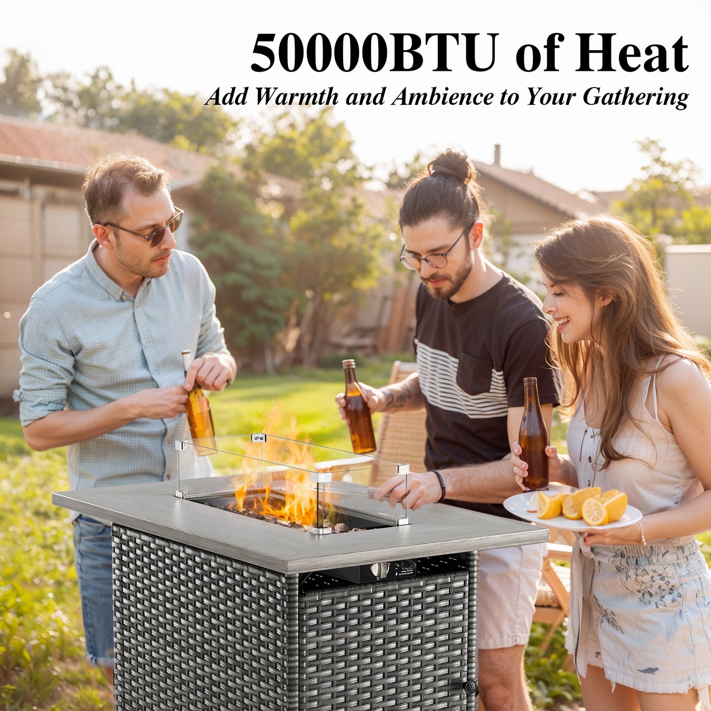 Patio Conversation Set with Fire Pit Table – Outdoor Sectional Set with Storage Box, Ottoman & Side Table, GRS Series