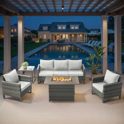 5-Piece Wicker Patio Furniture Set with 41" Fire Pit Table, 55,000 BTU Outdoor Conversation Set with Sofa & 2 Chairs, GRS Series