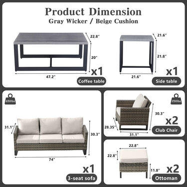 Patio Conversation Set 7-Piece with Sofa, Patio Chairs, Coffee Table, Side Table, and Ottoman, GRS Series - Belord