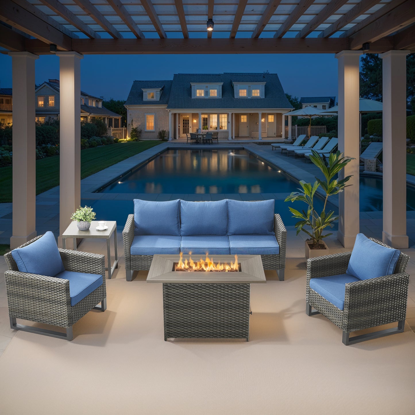 5-Piece Wicker Patio Furniture Set with 41" Fire Pit Table, 55,000 BTU Outdoor Conversation Set with Sofa & 2 Chairs, GRS Series