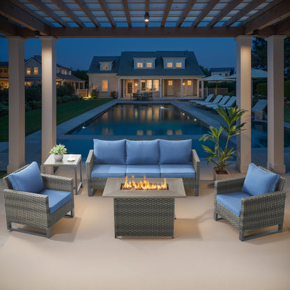 5-Piece Wicker Patio Furniture Set with 41" Fire Pit Table, 55,000 BTU Outdoor Conversation Set with Sofa & 2 Chairs, GRS Series