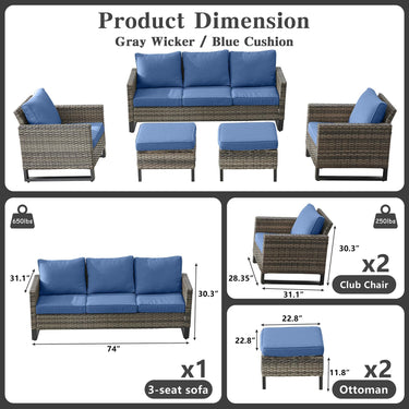 Patio Conversation Set 5-Piece with Sofa, Patio Chairs, and Ottoman, GRS Series - Belord
