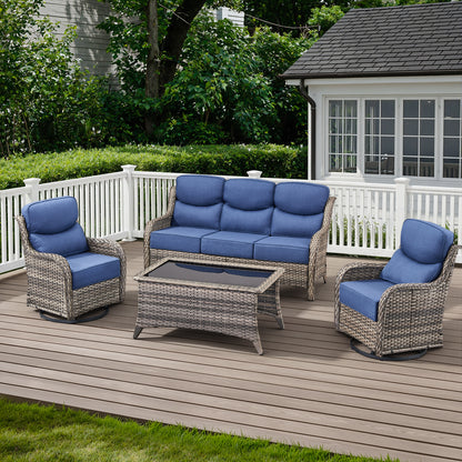 Premium 4PCS Patio Conversation Set for Backyard & Deck, Hand-Woven Rattan Sofa, Swivel Chairs & Coffee Table with 6" Cushions, NT Series