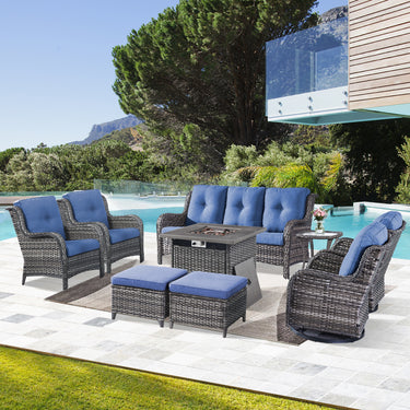 Patio Conversation Set 9-Piece with Fire Pit Table, Swivel Glider Chairs, Patio Chairs, Sofa, Side Table and Ottoman, NTC Series - Belord