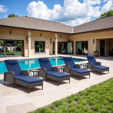 Premium 7-Piece Outdoor Rattan Lounge Set with 4 Adjustable Chaise Lounges & 3 Side Tables - All-Weather Wicker Patio Furniture for Pool Deck, NTC Series - Belord