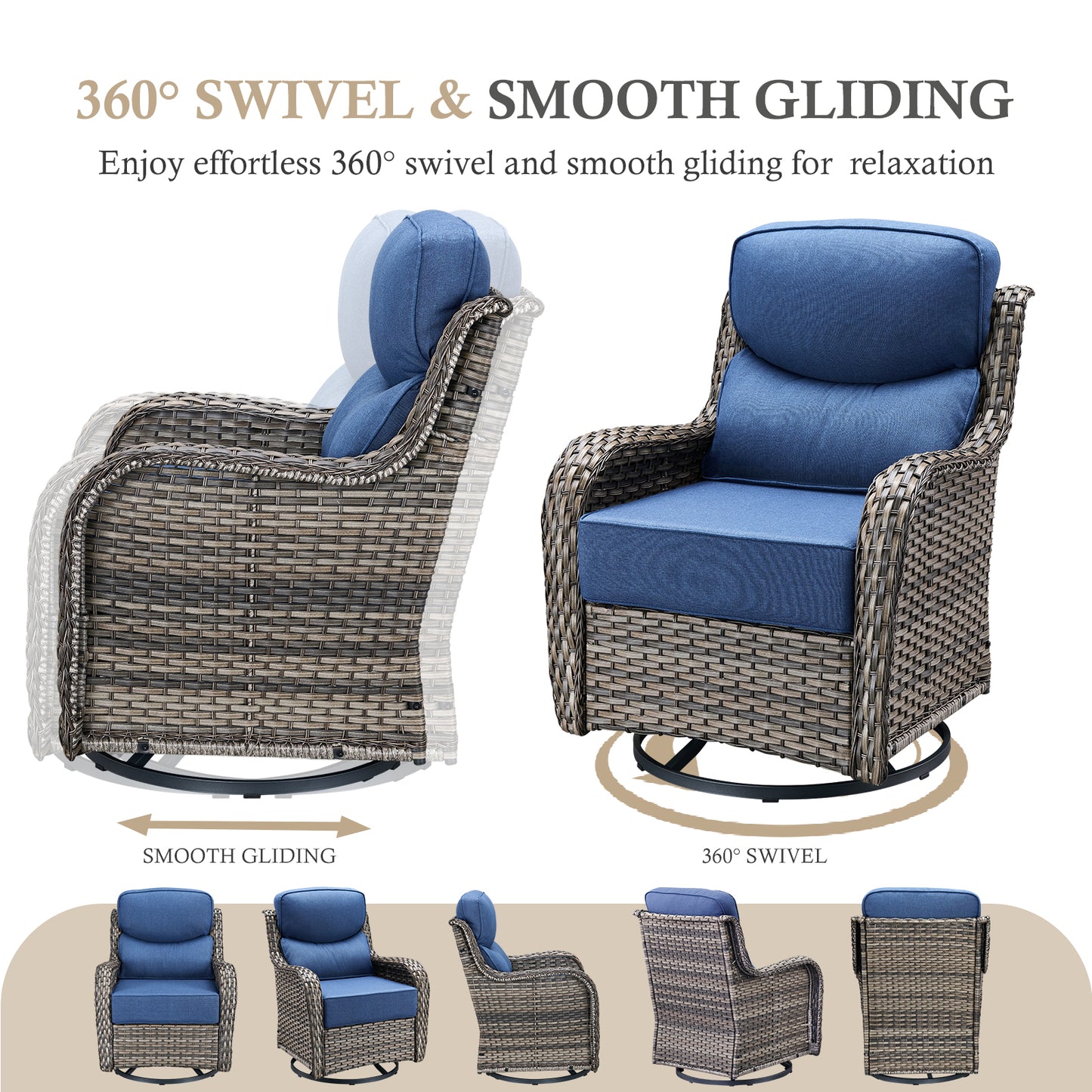 Premium 4PCS Patio Conversation Set for Backyard & Deck, Hand-Woven Rattan Sofa, Swivel Chairs & Coffee Table with 6" Cushions, NT Series