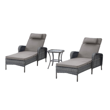 3-Piece Outdoor Wicker Lounge Set – 2 Adjustable 75" Chaise Lounges + Side Table, All-Weather Rattan, NTC Series - Belord