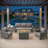 Belord 5-piece patio fire table set with grey wicker sofa, two chairs, and a 41-inch gas fire pit table, GRS Series.