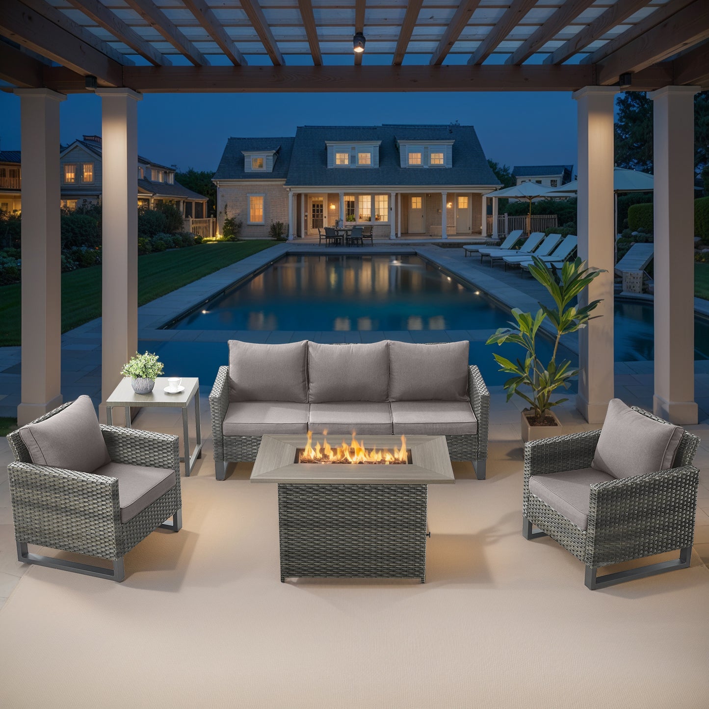 5-Piece Wicker Patio Furniture Set with 41" Fire Pit Table, 55,000 BTU Outdoor Conversation Set with Sofa & 2 Chairs, GRS Series