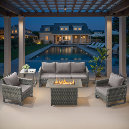 5-Piece Wicker Patio Furniture Set with 41" Fire Pit Table, 55,000 BTU Outdoor Conversation Set with Sofa & 2 Chairs, GRS Series