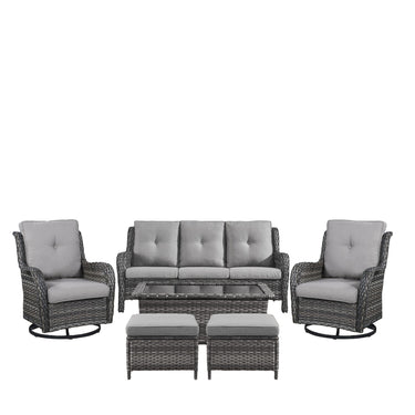 Patio Conversation Set 6-Piece with Sofa, Swivel Glider Chairs, Coffee Table, and Ottoman, NTC Series - Belord