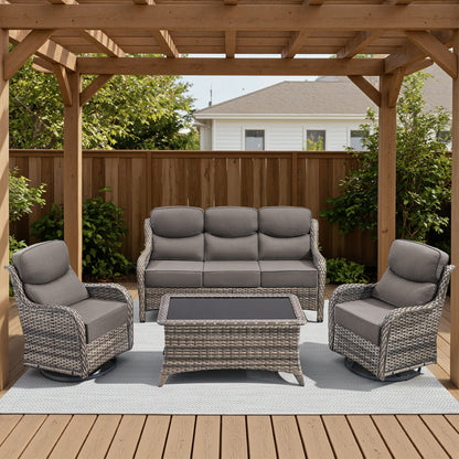 Premium 4PCS Patio Conversation Set for Backyard & Deck, Hand-Woven Rattan Sofa, Swivel Chairs & Coffee Table with 6" Cushions, NT Series