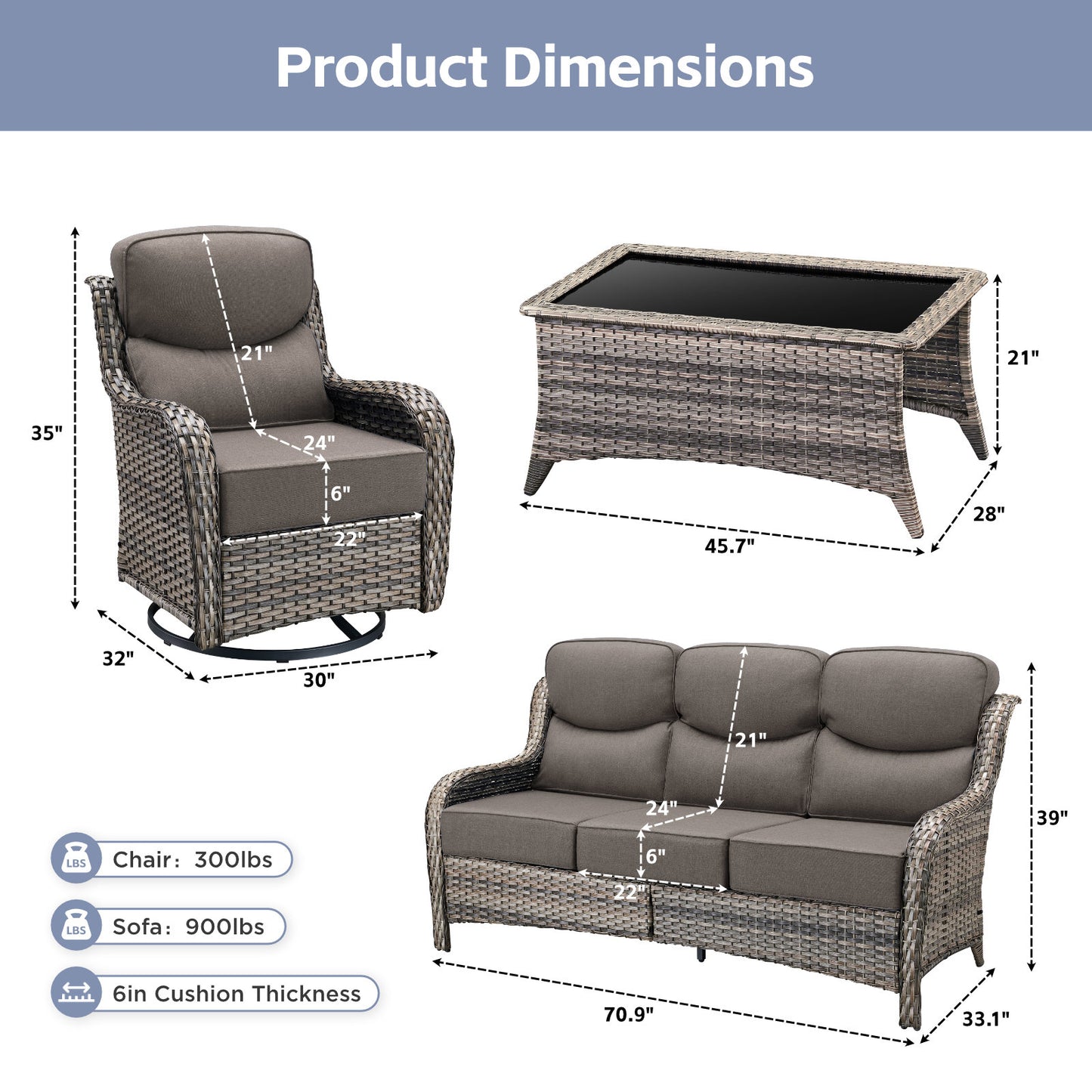 Premium 4PCS Patio Conversation Set for Backyard & Deck, Hand-Woven Rattan Sofa, Swivel Chairs & Coffee Table with 6" Cushions, NT Series
