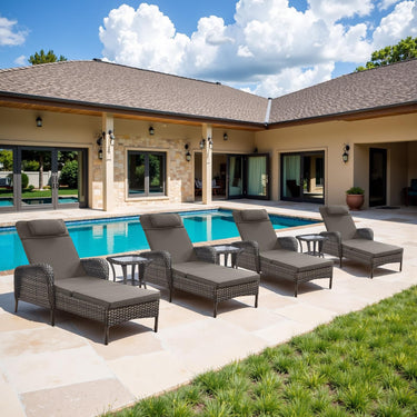 Premium 7-Piece Outdoor Rattan Lounge Set with 4 Adjustable Chaise Lounges & 3 Side Tables - All-Weather Wicker Patio Furniture for Pool Deck, NTC Series - Belord