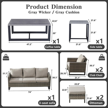 Patio Conversation Set 7-Piece with Sofa, Patio Chairs, Coffee Table, Side Table, and Ottoman, GRS Series - Belord