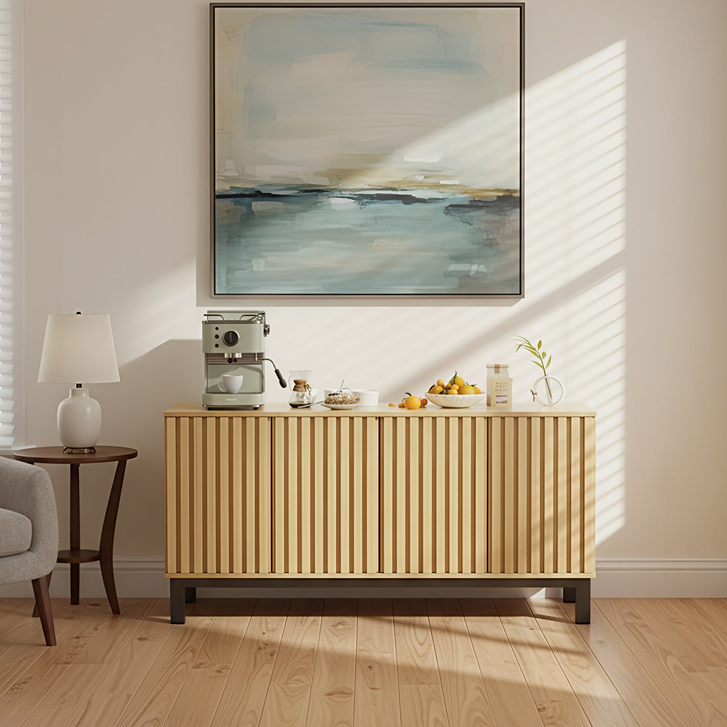 Save 50% - 63" Buffet Cabinet Sideboard with 4 Fluted Doors, Large Kitchen Storage Credenza, Wood Cabinet with Metal Legs for Living Room & Entryway