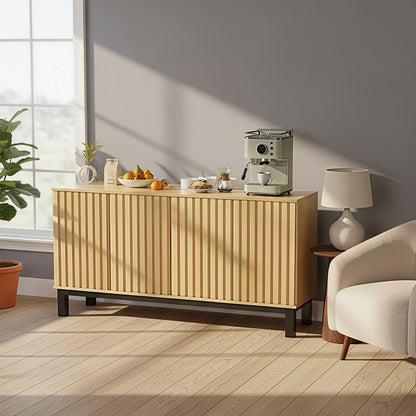 Save 50% - 63" Buffet Cabinet Sideboard with 4 Fluted Doors, Large Kitchen Storage Credenza, Wood Cabinet with Metal Legs for Living Room & Entryway