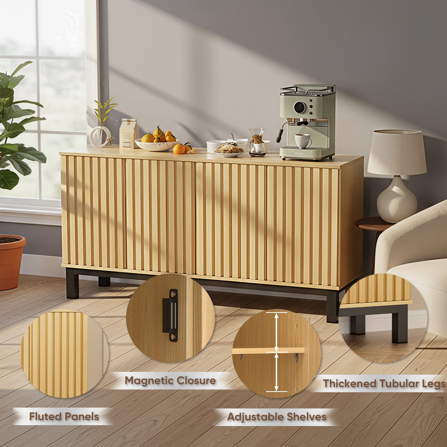 Save 50% - 63" Buffet Cabinet Sideboard with 4 Fluted Doors, Large Kitchen Storage Credenza, Wood Cabinet with Metal Legs for Living Room & Entryway