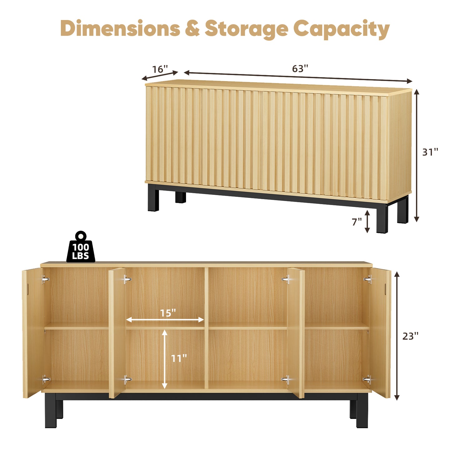 Save 50% - 63" Buffet Cabinet Sideboard with 4 Fluted Doors, Large Kitchen Storage Credenza, Wood Cabinet with Metal Legs for Living Room & Entryway