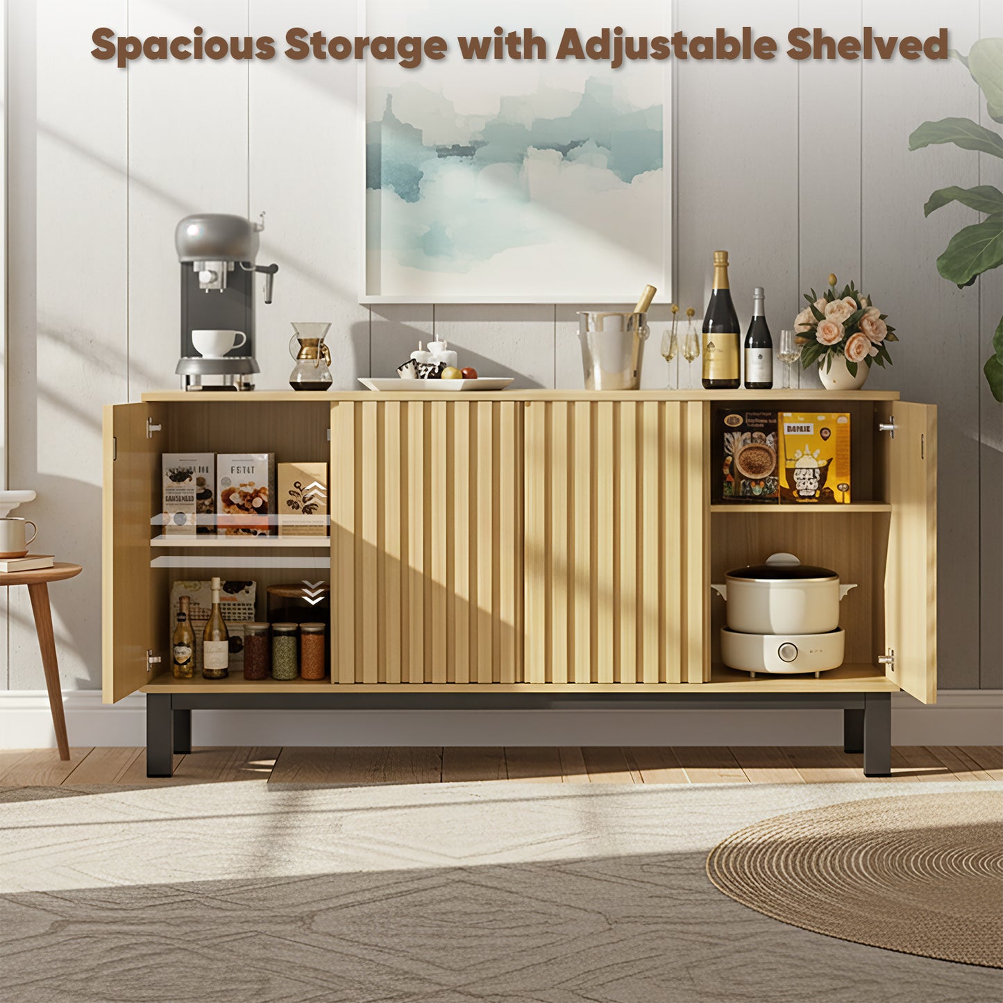 Save 50% - 63" Buffet Cabinet Sideboard with 4 Fluted Doors, Large Kitchen Storage Credenza, Wood Cabinet with Metal Legs for Living Room & Entryway