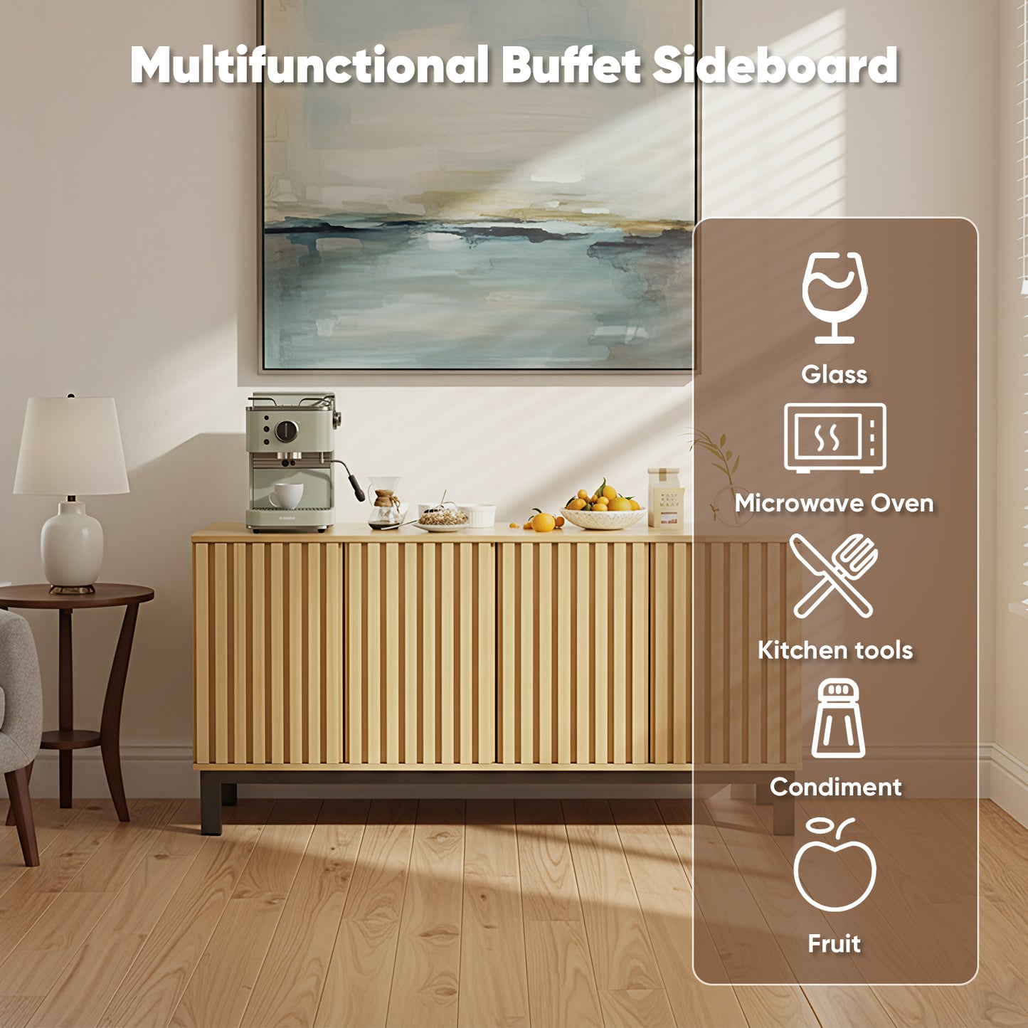 Save 50% - 63" Buffet Cabinet Sideboard with 4 Fluted Doors, Large Kitchen Storage Credenza, Wood Cabinet with Metal Legs for Living Room & Entryway