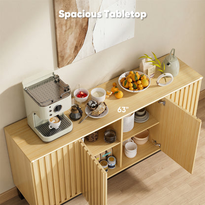 Save 50% - 63" Buffet Cabinet Sideboard with 4 Fluted Doors, Large Kitchen Storage Credenza, Wood Cabinet with Metal Legs for Living Room & Entryway