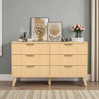Natural wood 47-inch modern dresser by Belord with six drawers and fluted boho design, ideal for bedroom storage.