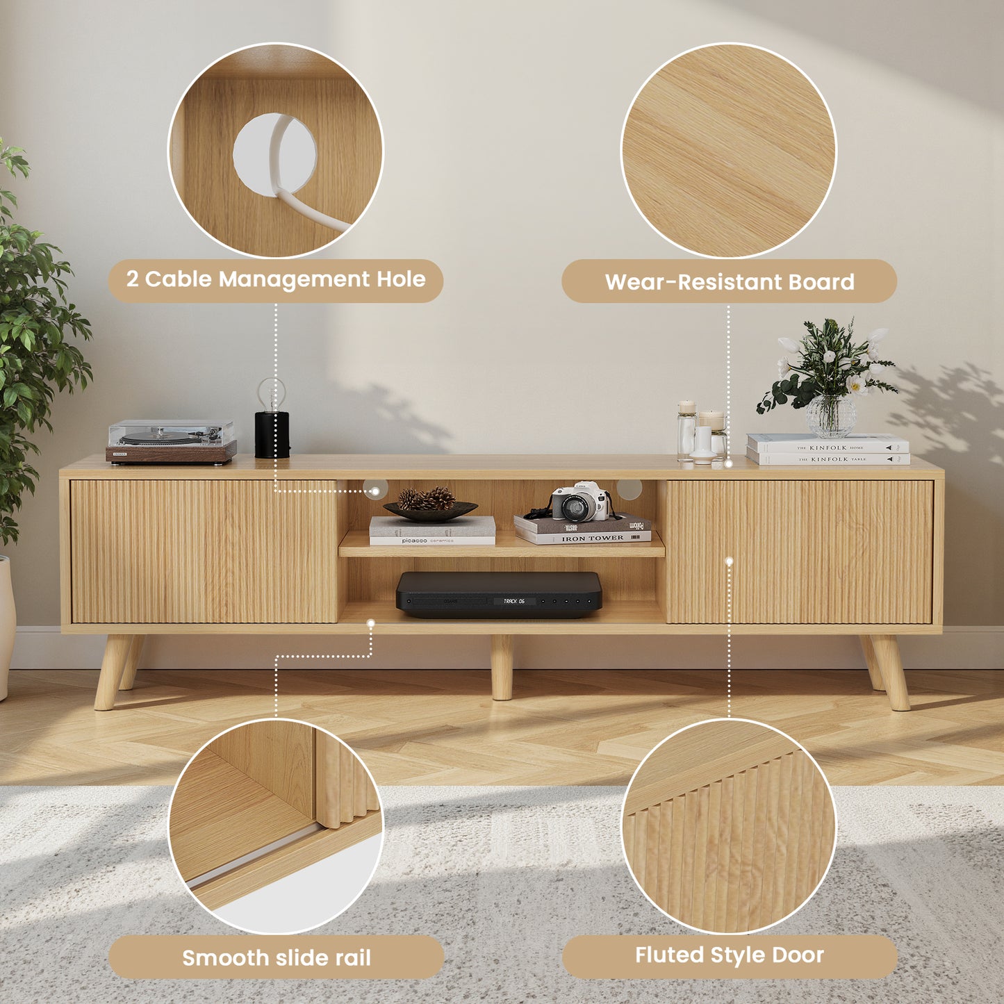 Save 50% - 75" Boho TV Stand in Natural | Media Console with Fluted Doors & Ample Storage