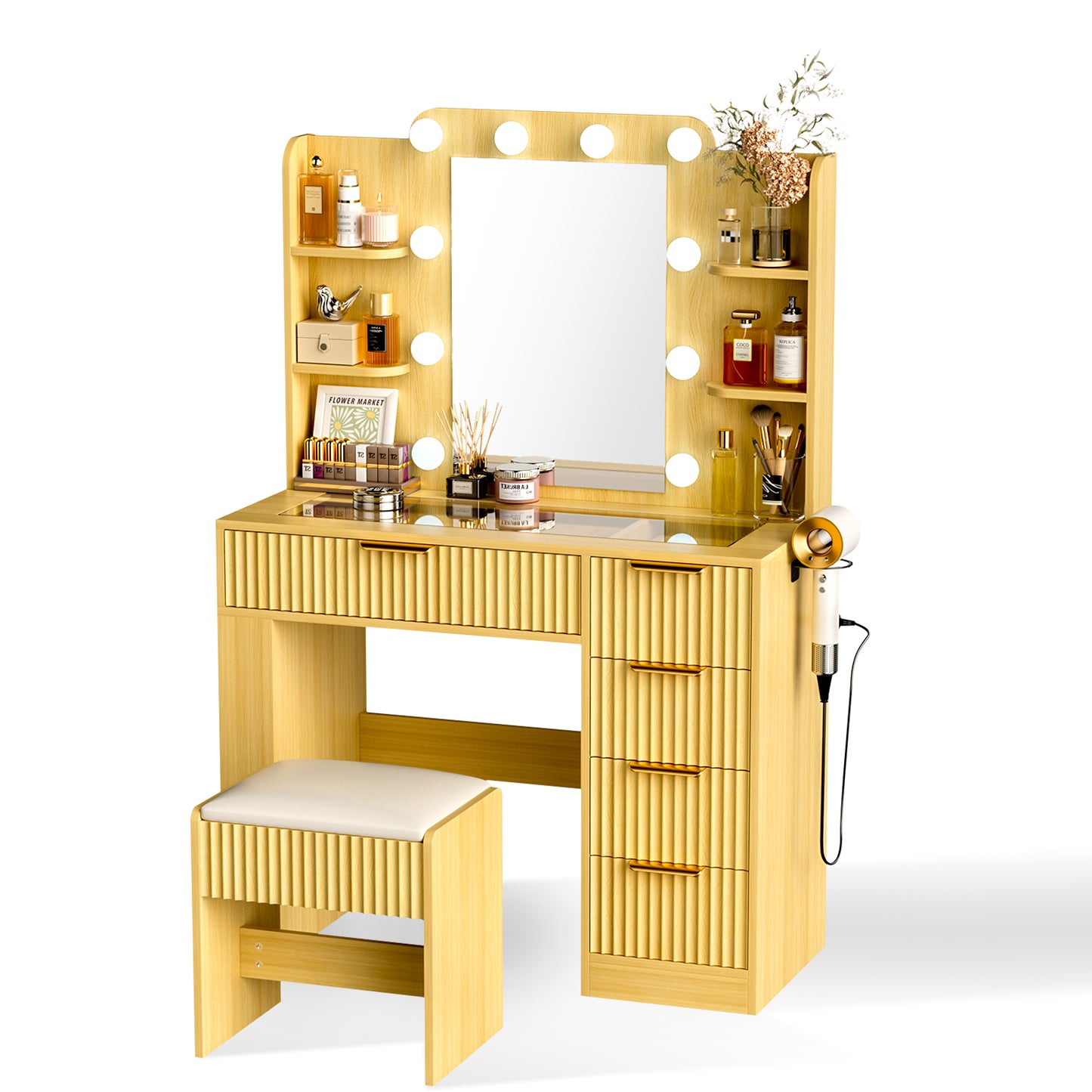 Save 50% - 37" Fluted Makeup Vanity Desk with LED Mirror, 5 Drawers & Glass Top, Vanity Table with Cabinet, Chair and Charging Station, 3 Light Modes for Bedroom