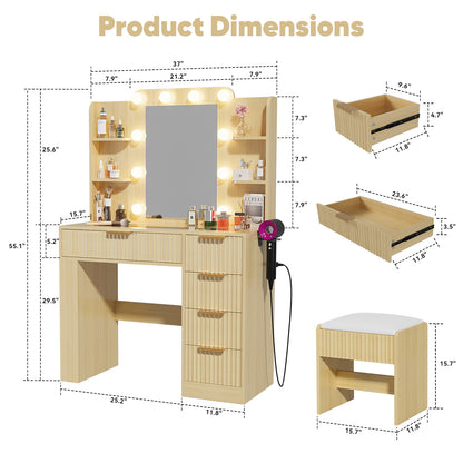 Save 50% - 37" Fluted Makeup Vanity Desk with LED Mirror, 5 Drawers & Glass Top, Vanity Table with Cabinet, Chair and Charging Station, 3 Light Modes for Bedroom