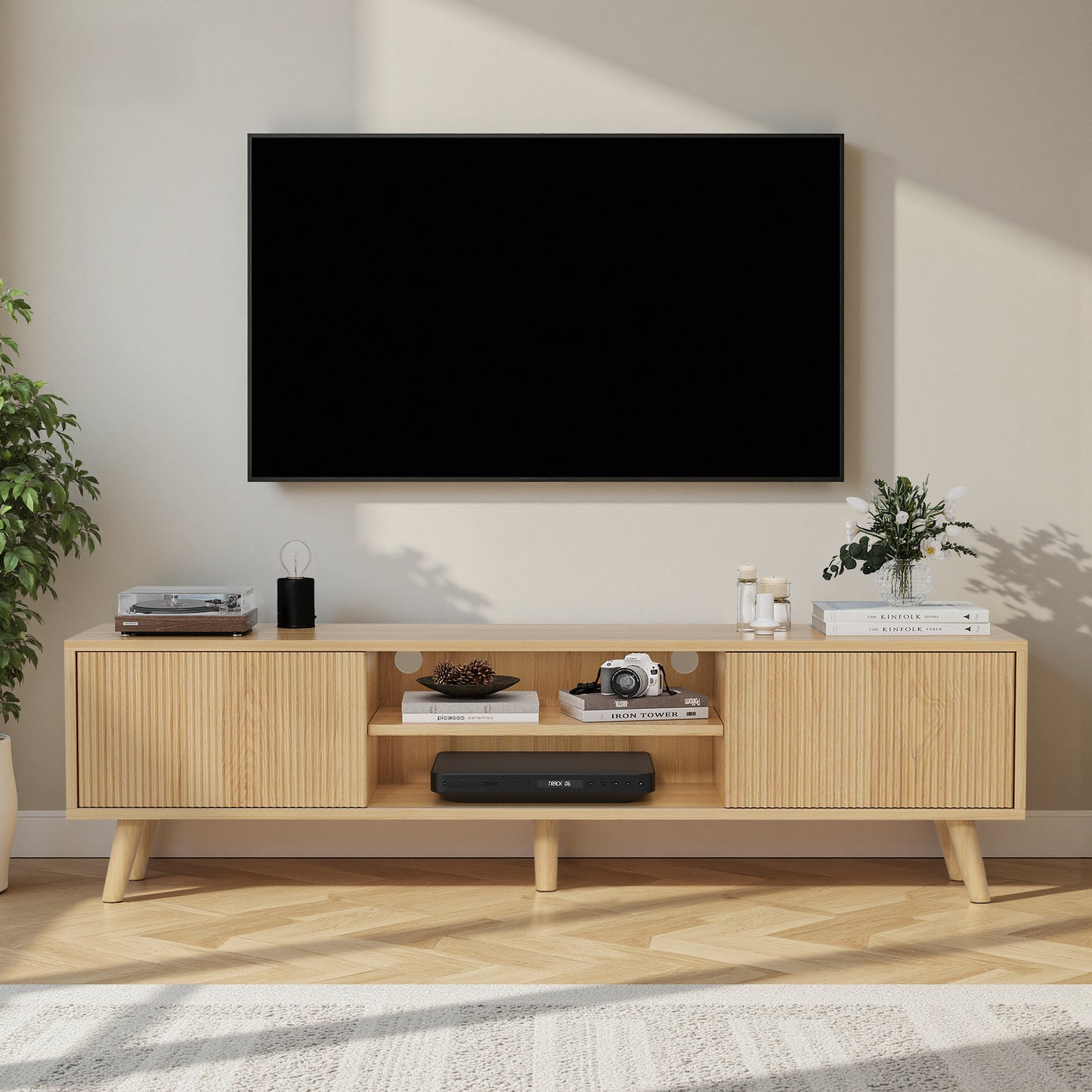 Save 50% - 75" Boho TV Stand in Natural | Media Console with Fluted Doors & Ample Storage
