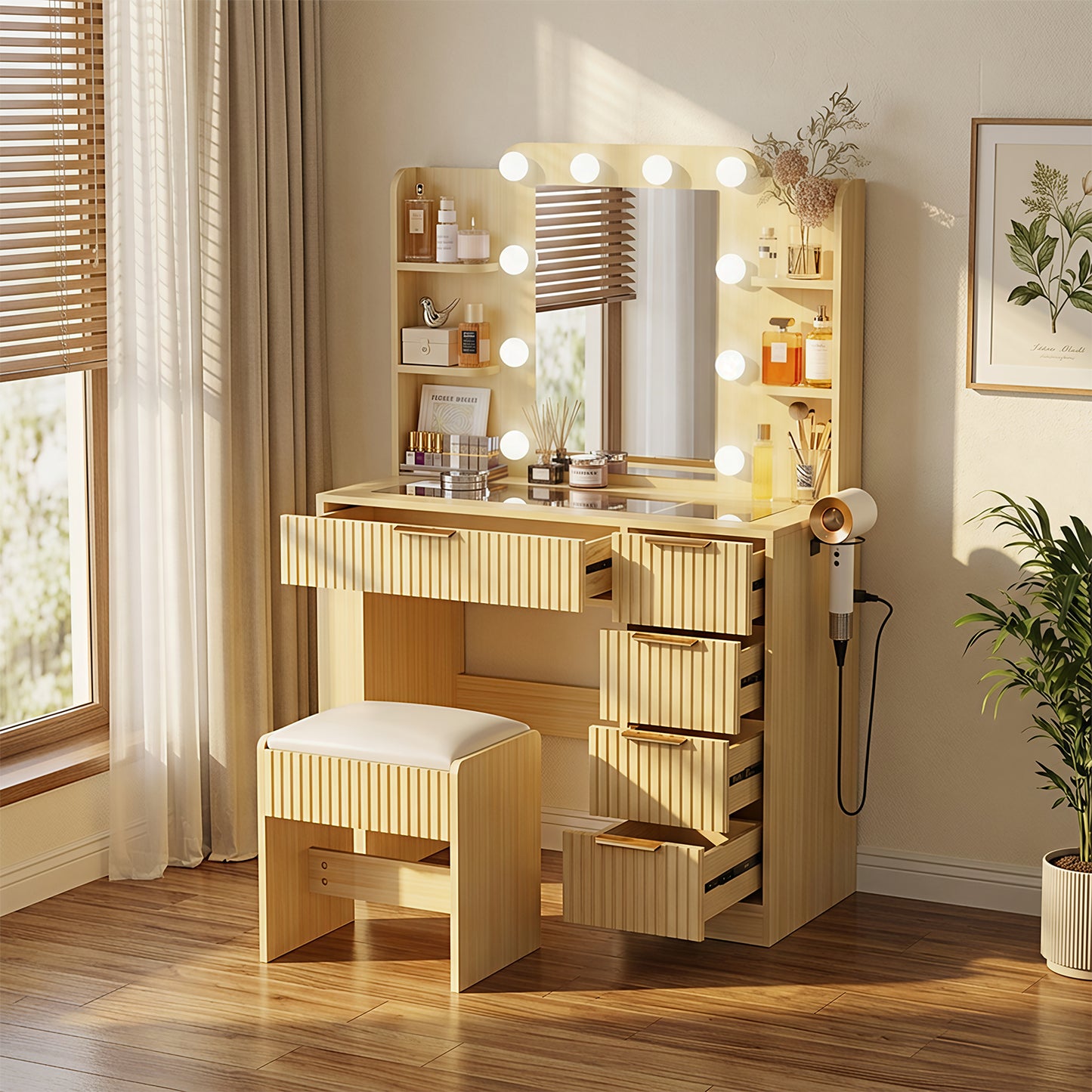 Save 50% - 37" Fluted Makeup Vanity Desk with LED Mirror, 5 Drawers & Glass Top, Vanity Table with Cabinet, Chair and Charging Station, 3 Light Modes for Bedroom